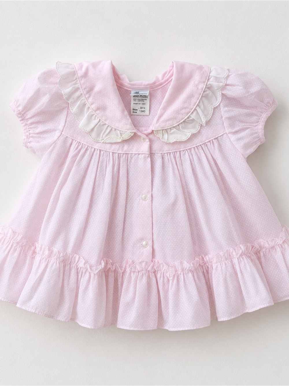 Vintage Pink Baby Doll Dress 12MO Puff Sleeve Ruffle Hem Cottagecore Heirloom